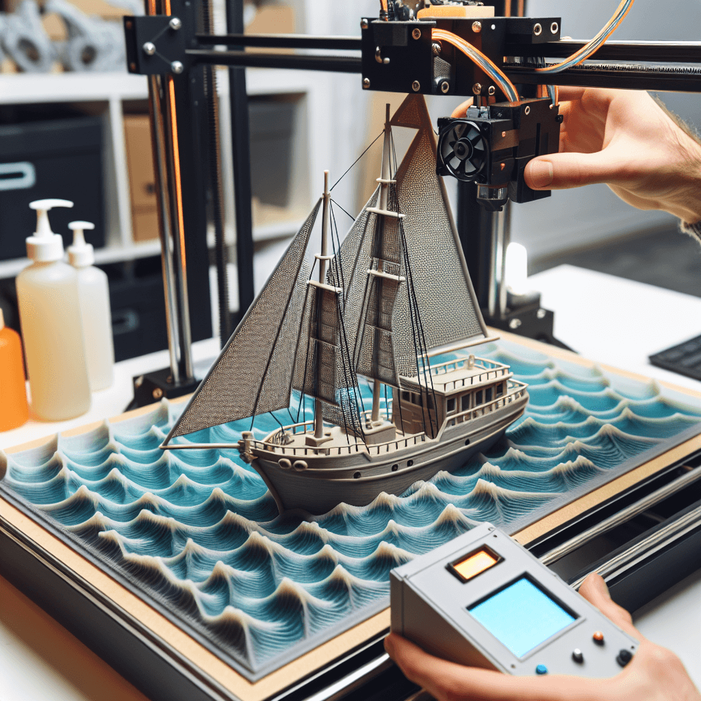 Modellboot aus dem 3D Drucker, gerade in Arbeit. Das Druckbeer soll meer darstellen